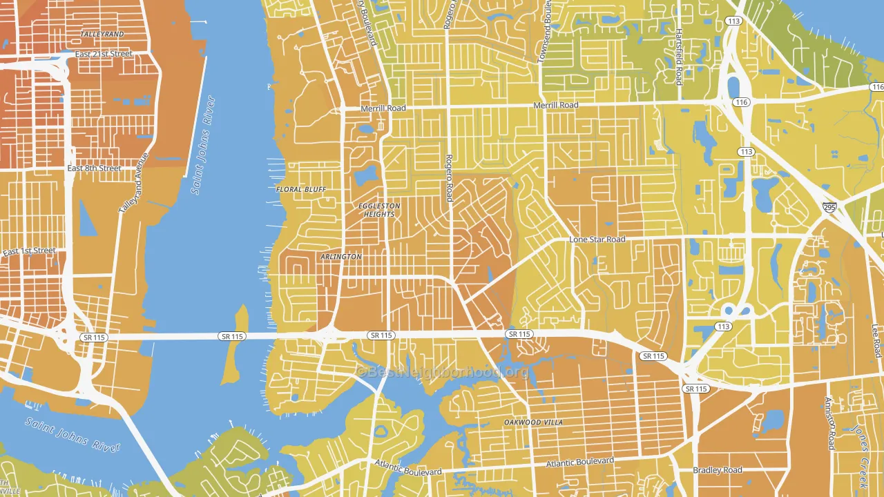 Map of the best neighborhoods in the Arlington, Jacksonville area, with better matches in green and worse matches in red
