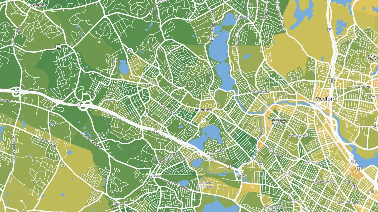 Map of the best neighborhoods in the Arlington area, with better matches in green and worse matches in red