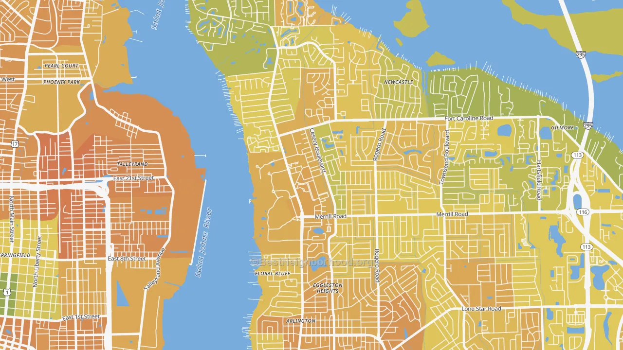 Map of the best neighborhoods in the Arlington Manor, Jacksonville area, with better matches in green and worse matches in red