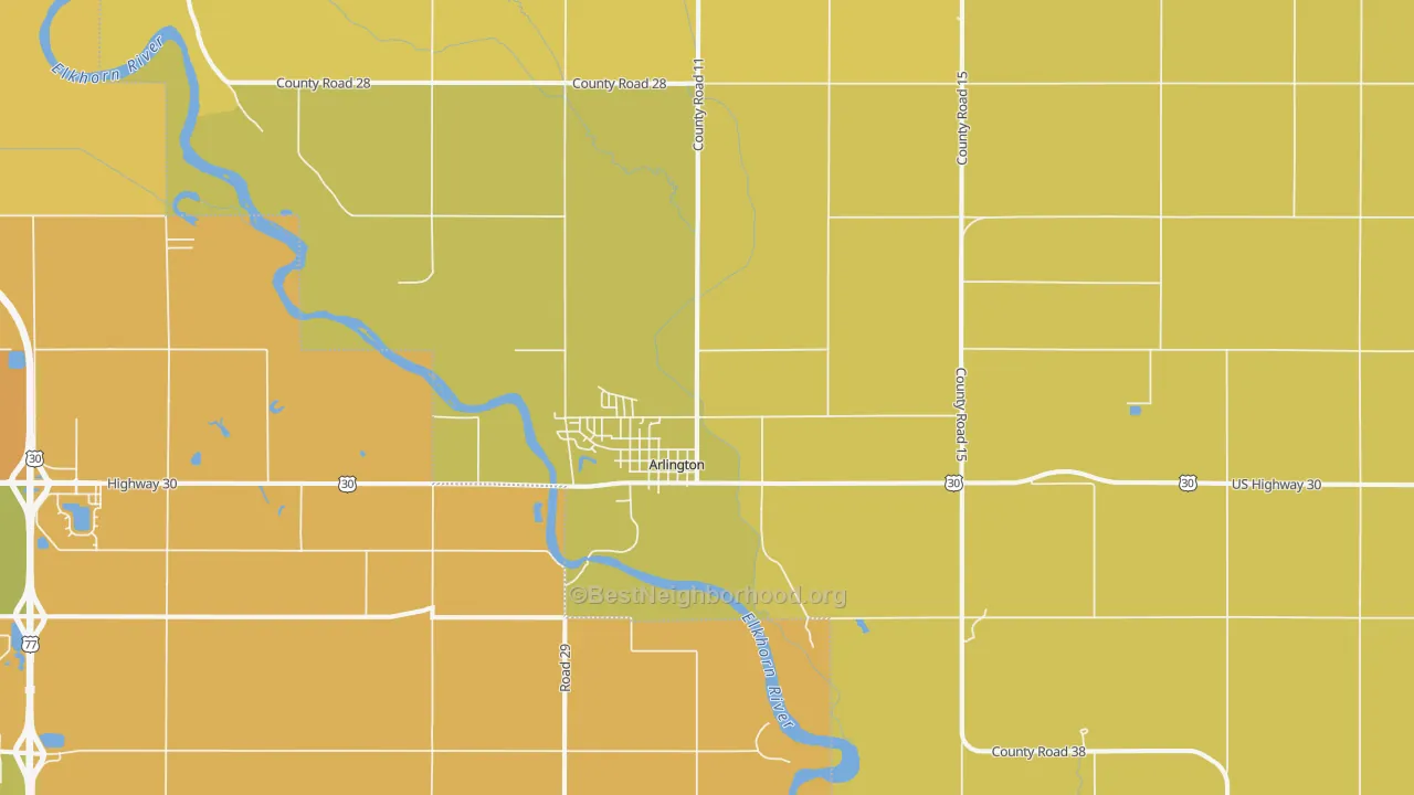 Map of the best neighborhoods in the Arlington area, with better matches in green and worse matches in red