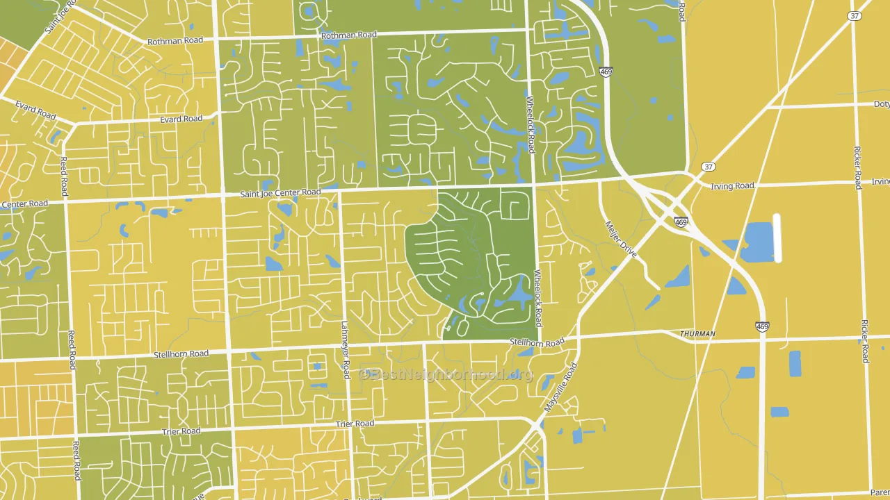 Map of the best neighborhoods in the Arlington Park, Fort Wayne area, with better matches in green and worse matches in red