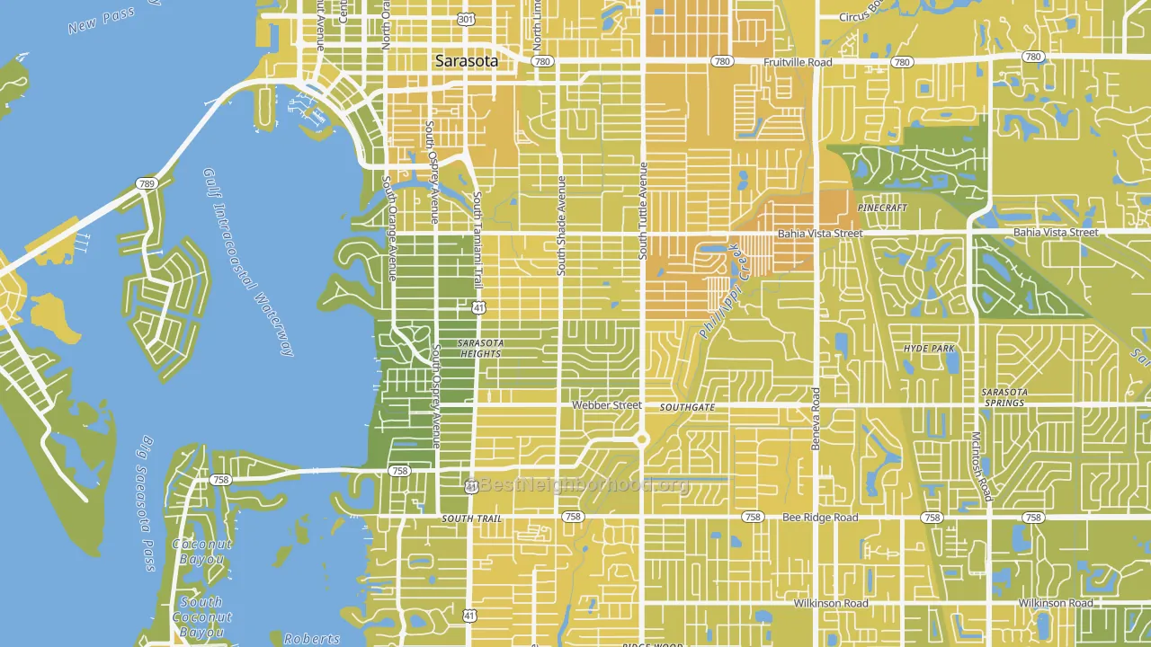 Map of the best neighborhoods in the Arlington Park, Sarasota area, with better matches in green and worse matches in red