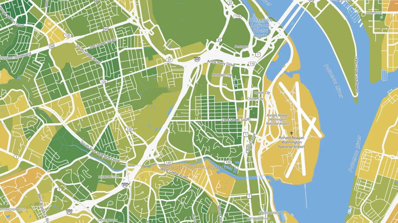 Map of the best neighborhoods in the Arlington Ridge, Arlington area, with better matches in green and worse matches in red