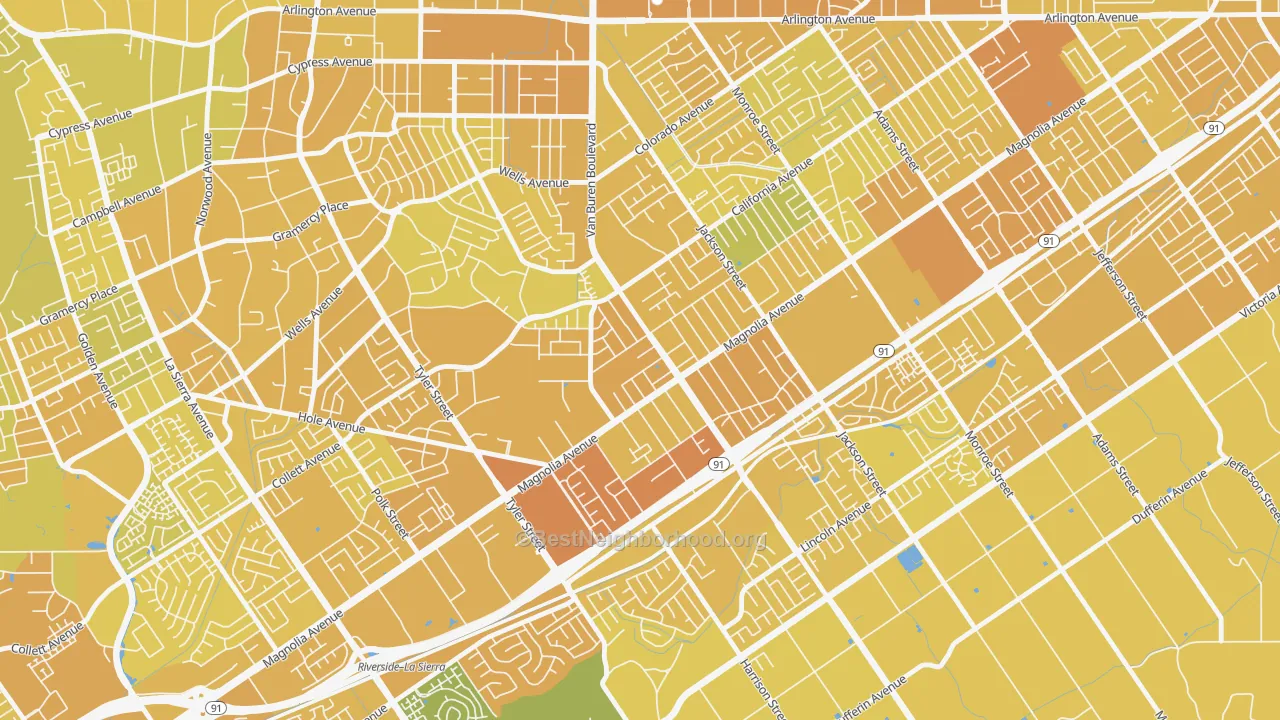 Map of the best neighborhoods in the Arlington, Riverside area, with better matches in green and worse matches in red