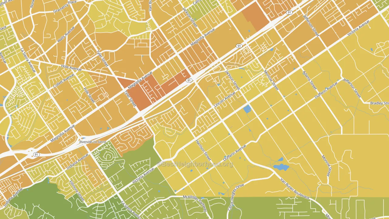 Map of the best neighborhoods in the Arlington South, Riverside area, with better matches in green and worse matches in red