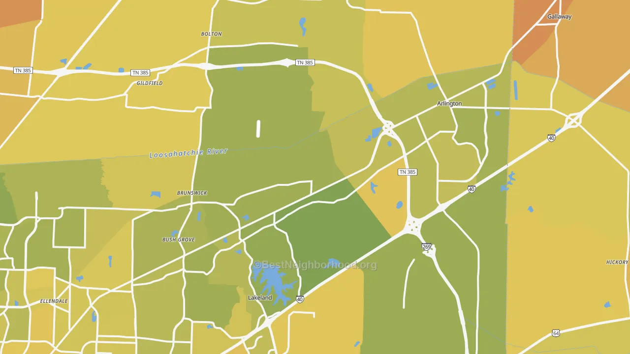 Map of the best neighborhoods in the Arlington area, with better matches in green and worse matches in red