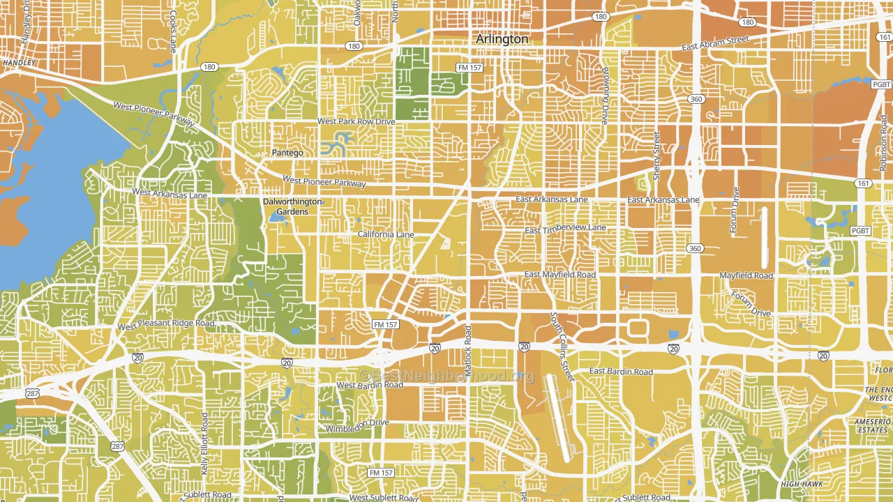 Map of the best neighborhoods in the Arlington area, with better matches in green and worse matches in red