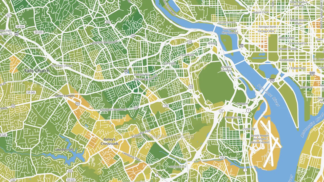 Map of the best neighborhoods in the Arlington area, with better matches in green and worse matches in red