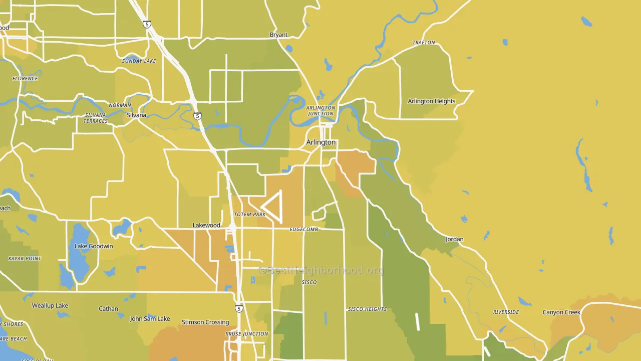 Map of the best neighborhoods in the Arlington area, with better matches in green and worse matches in red