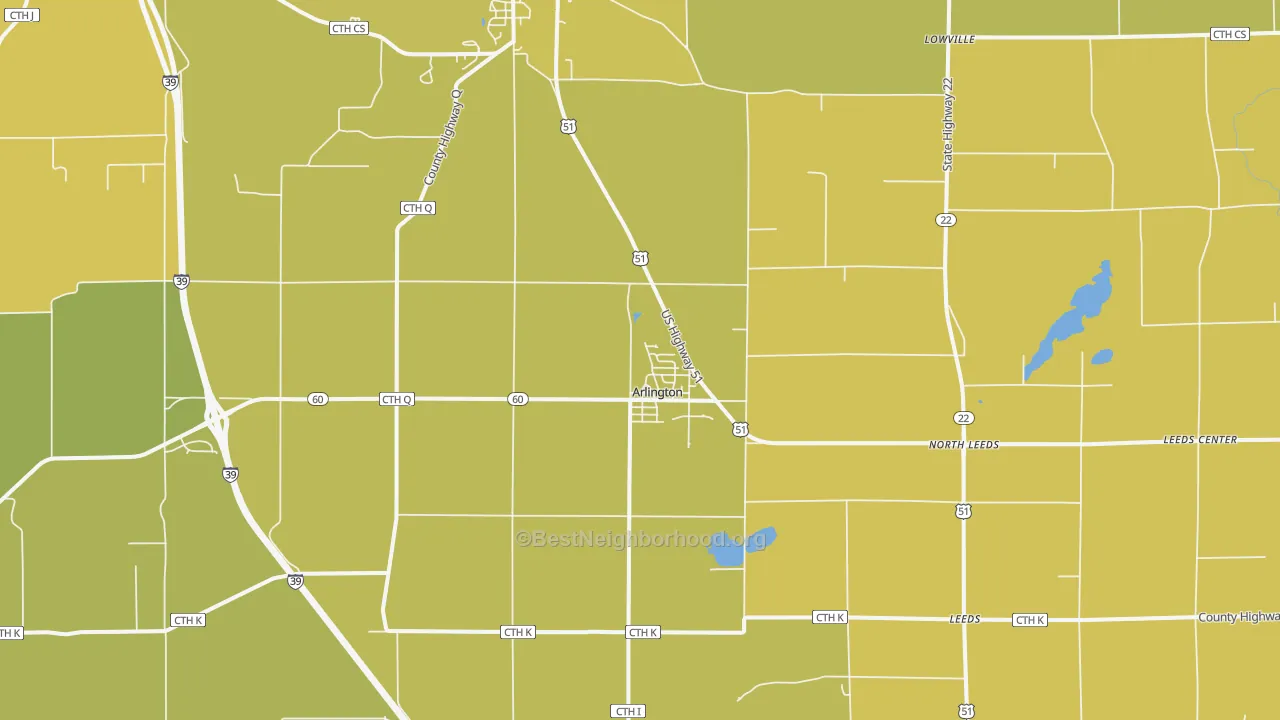 Map of the best neighborhoods in the Arlington area, with better matches in green and worse matches in red