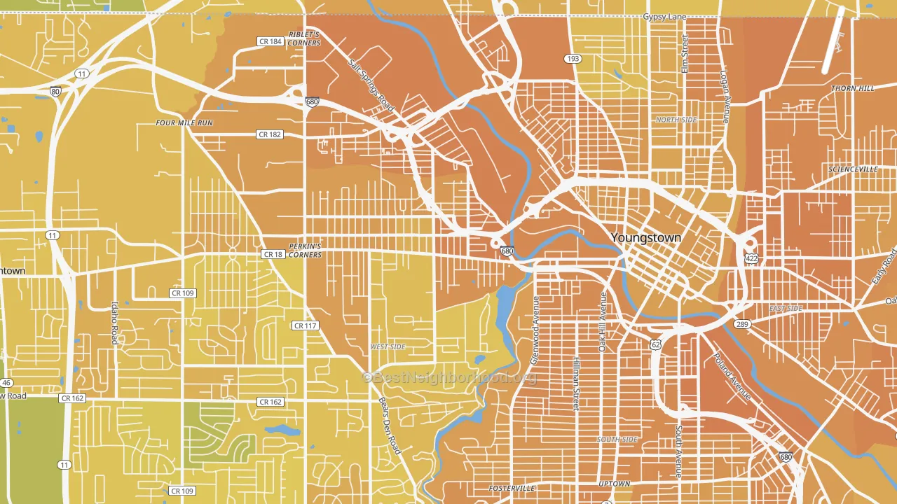 Map of the best neighborhoods in the Arlington, Youngstown area, with better matches in green and worse matches in red