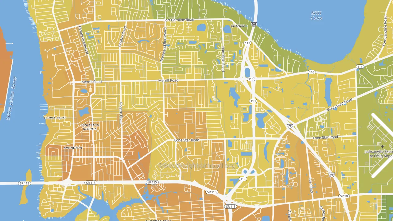 Map of the best neighborhoods in the Arlingwood, Jacksonville area, with better matches in green and worse matches in red