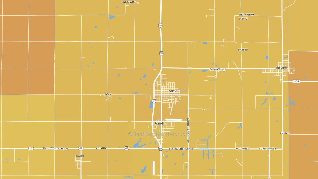 Map of the best neighborhoods in the Arma area, with better matches in green and worse matches in red
