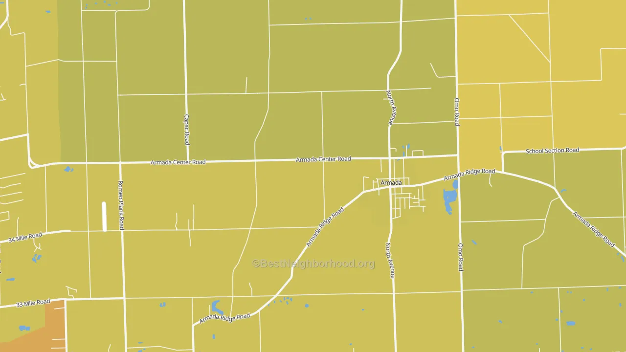 Map of the best neighborhoods in the Armada area, with better matches in green and worse matches in red