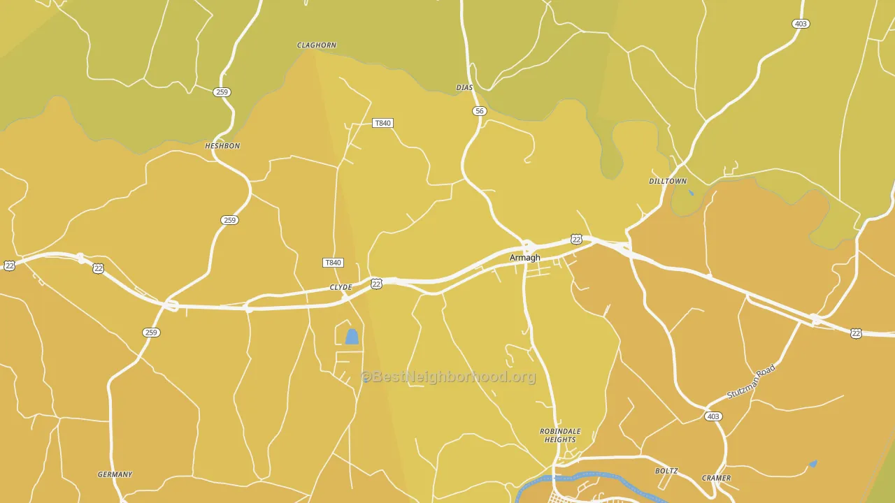 Map of the best neighborhoods in the Armagh area, with better matches in green and worse matches in red