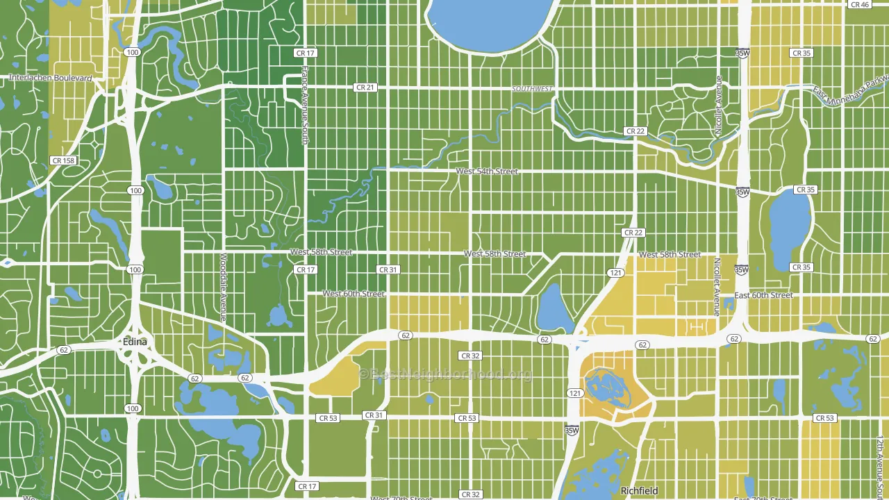 Map of the best neighborhoods in the Armatage, Minneapolis area, with better matches in green and worse matches in red