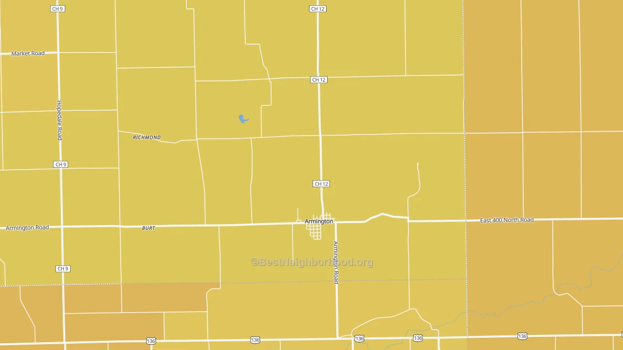 Map of the best neighborhoods in the Armington area, with better matches in green and worse matches in red