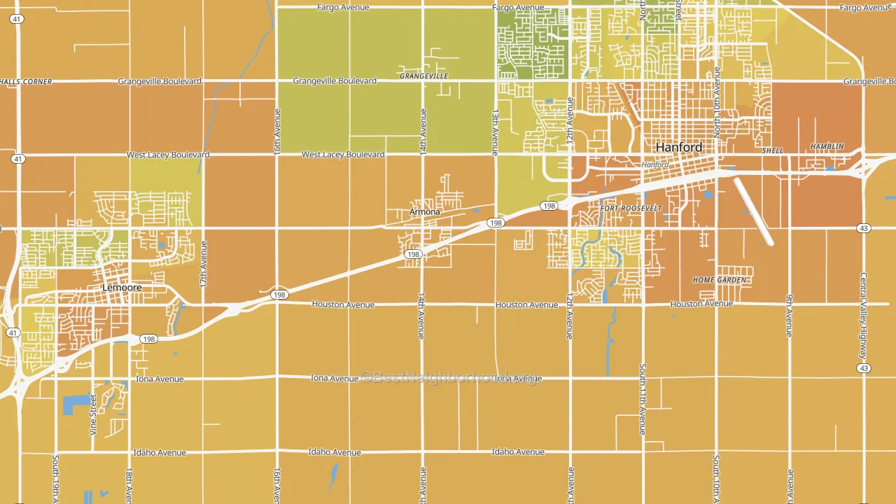 Map of the best neighborhoods in the Armona area, with better matches in green and worse matches in red