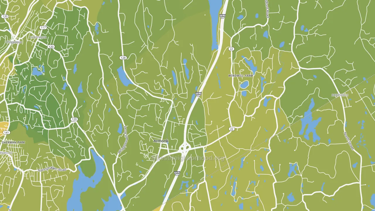 Map of the best neighborhoods in the Armonk area, with better matches in green and worse matches in red