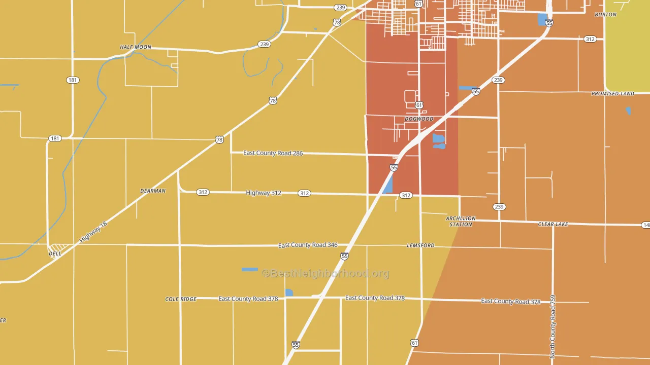 Map of the best neighborhoods in the Armorel area, with better matches in green and worse matches in red
