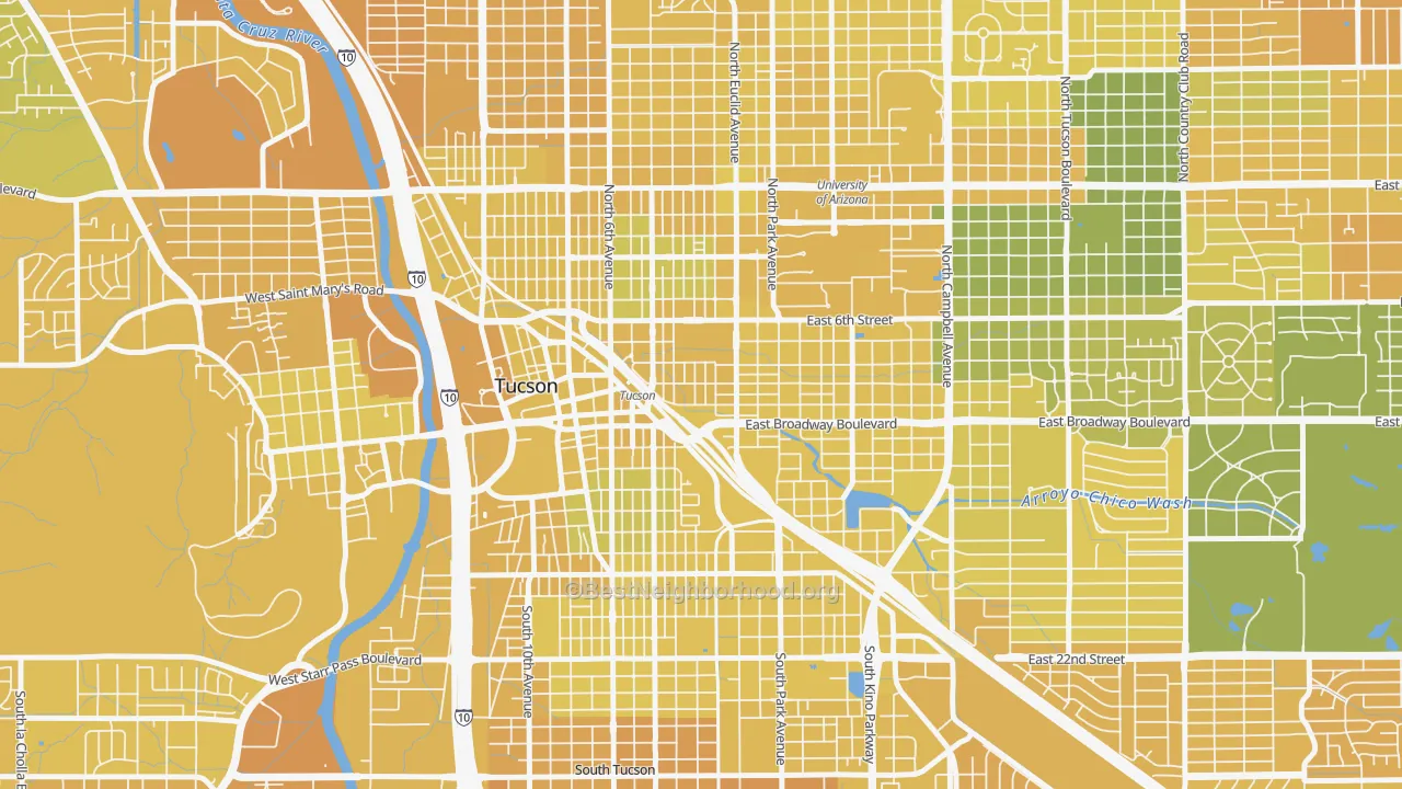 Map of the best neighborhoods in the Armory Park, Tucson area, with better matches in green and worse matches in red