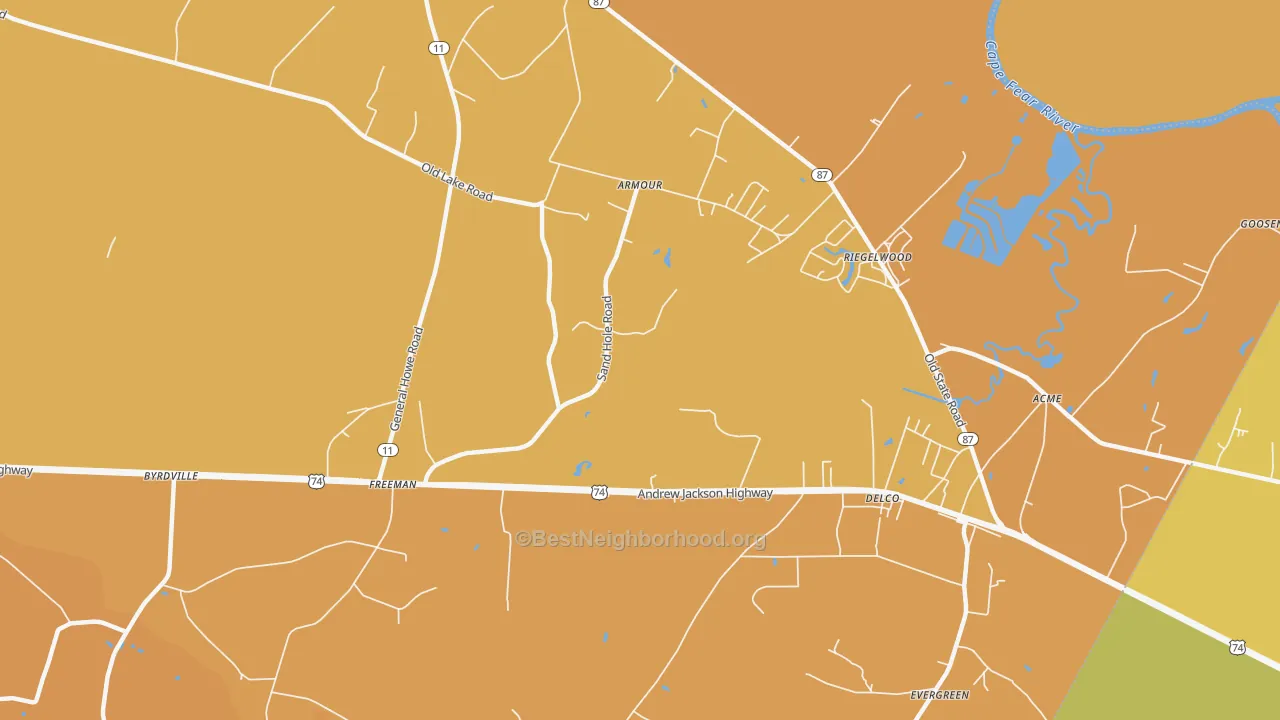 Map of the best neighborhoods in the Armour area, with better matches in green and worse matches in red