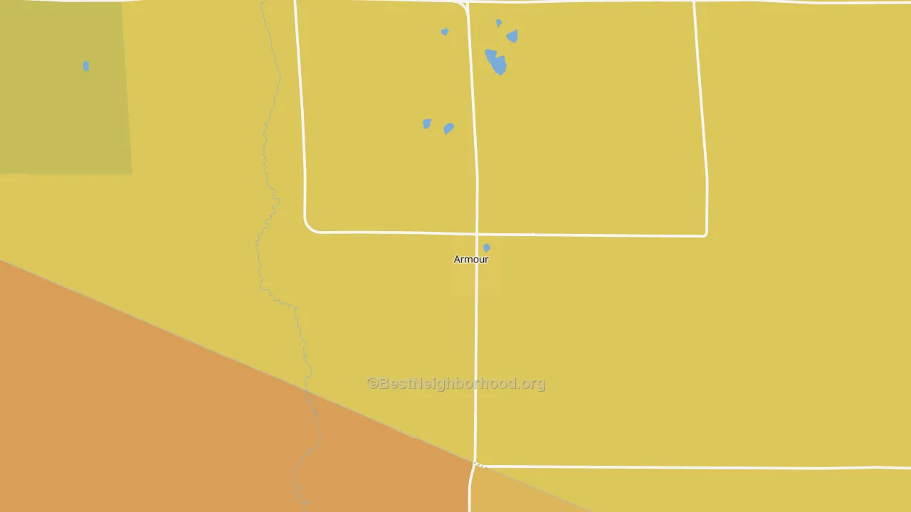 Map of the best neighborhoods in the Armour area, with better matches in green and worse matches in red