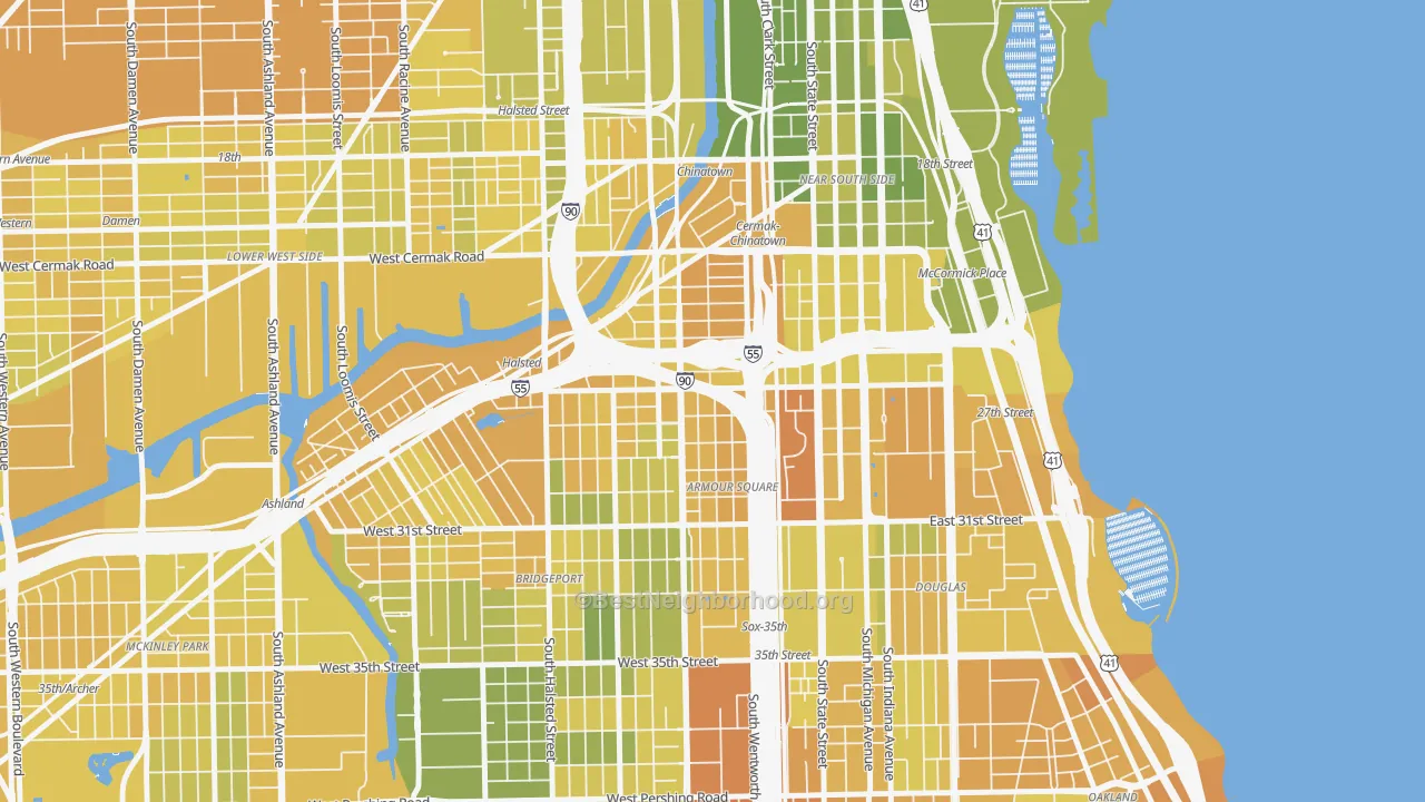 Map of the best neighborhoods in the Armour Square, Chicago area, with better matches in green and worse matches in red