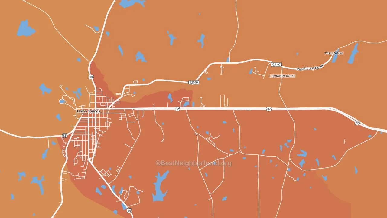 Map of the best neighborhoods in the Armstrong area, with better matches in green and worse matches in red