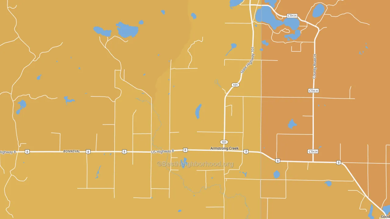 Map of the best neighborhoods in the Armstrong Creek area, with better matches in green and worse matches in red
