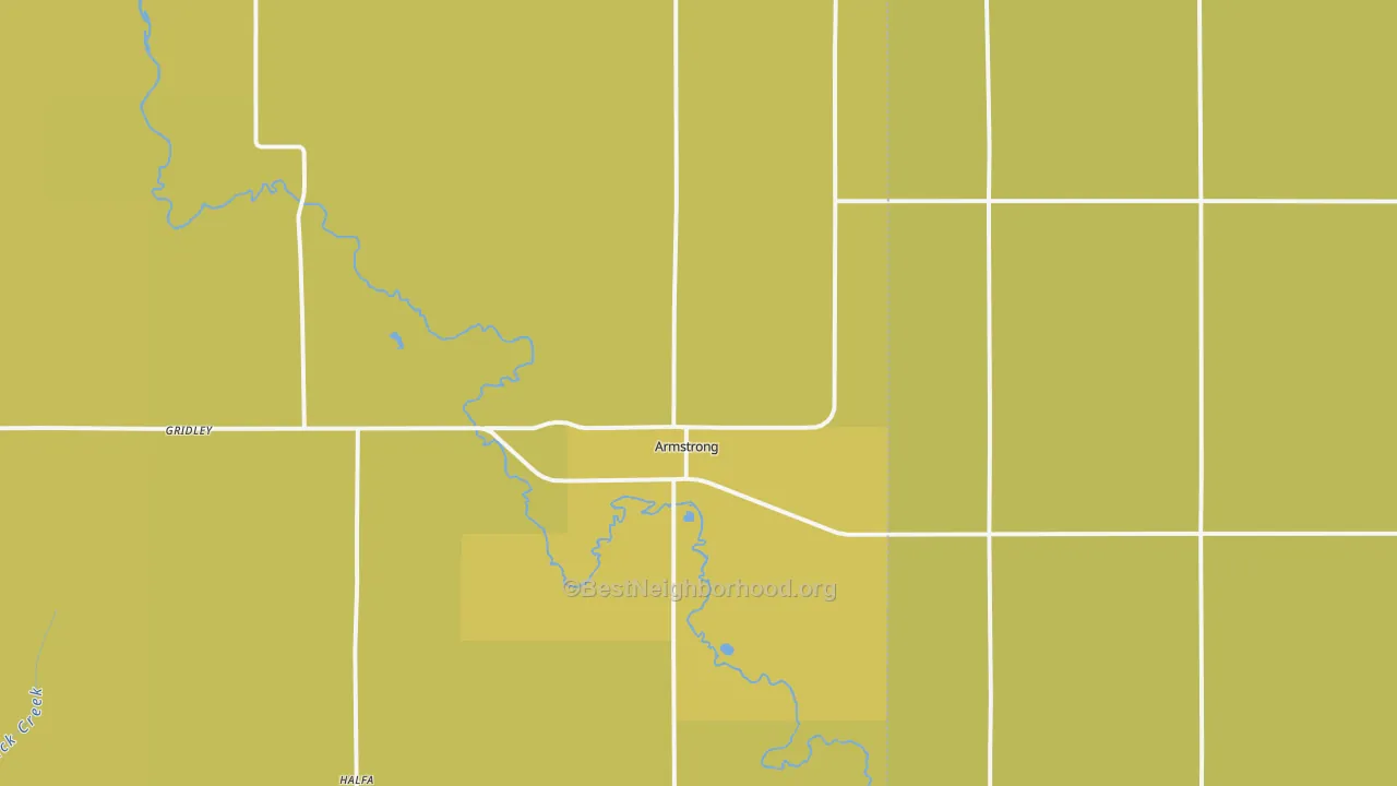 Map of the best neighborhoods in the Armstrong area, with better matches in green and worse matches in red