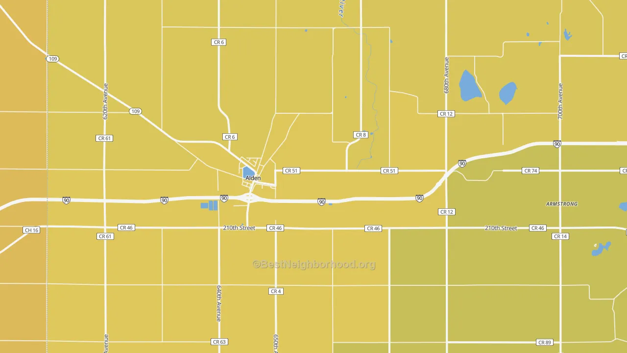 Map of the best neighborhoods in the Armstrong area, with better matches in green and worse matches in red