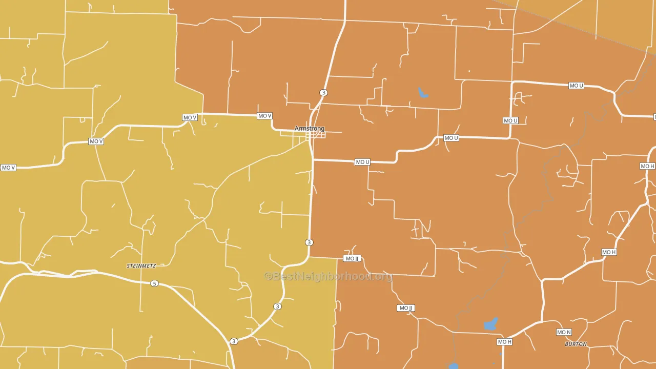 Map of the best neighborhoods in the Armstrong area, with better matches in green and worse matches in red