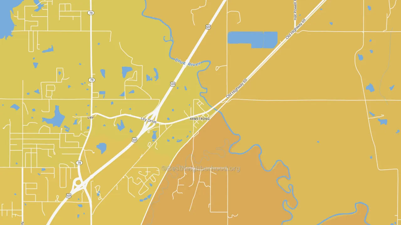Map of the best neighborhoods in the Armstrong area, with better matches in green and worse matches in red