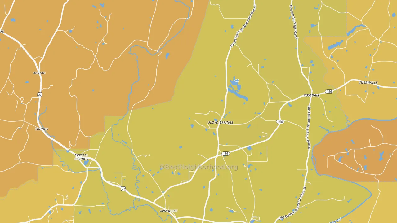 Map of the best neighborhoods in the Armuchee area, with better matches in green and worse matches in red