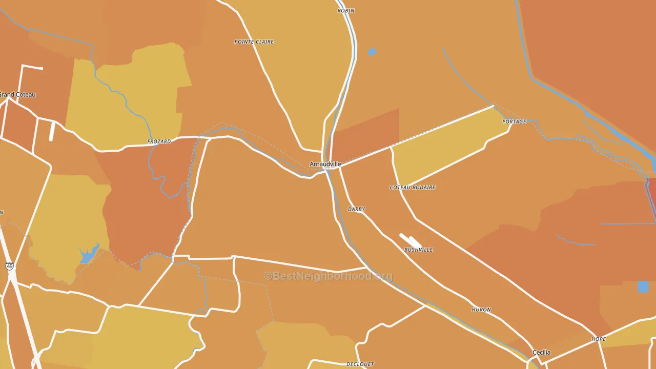Map of the best neighborhoods in the Arnaudville area, with better matches in green and worse matches in red