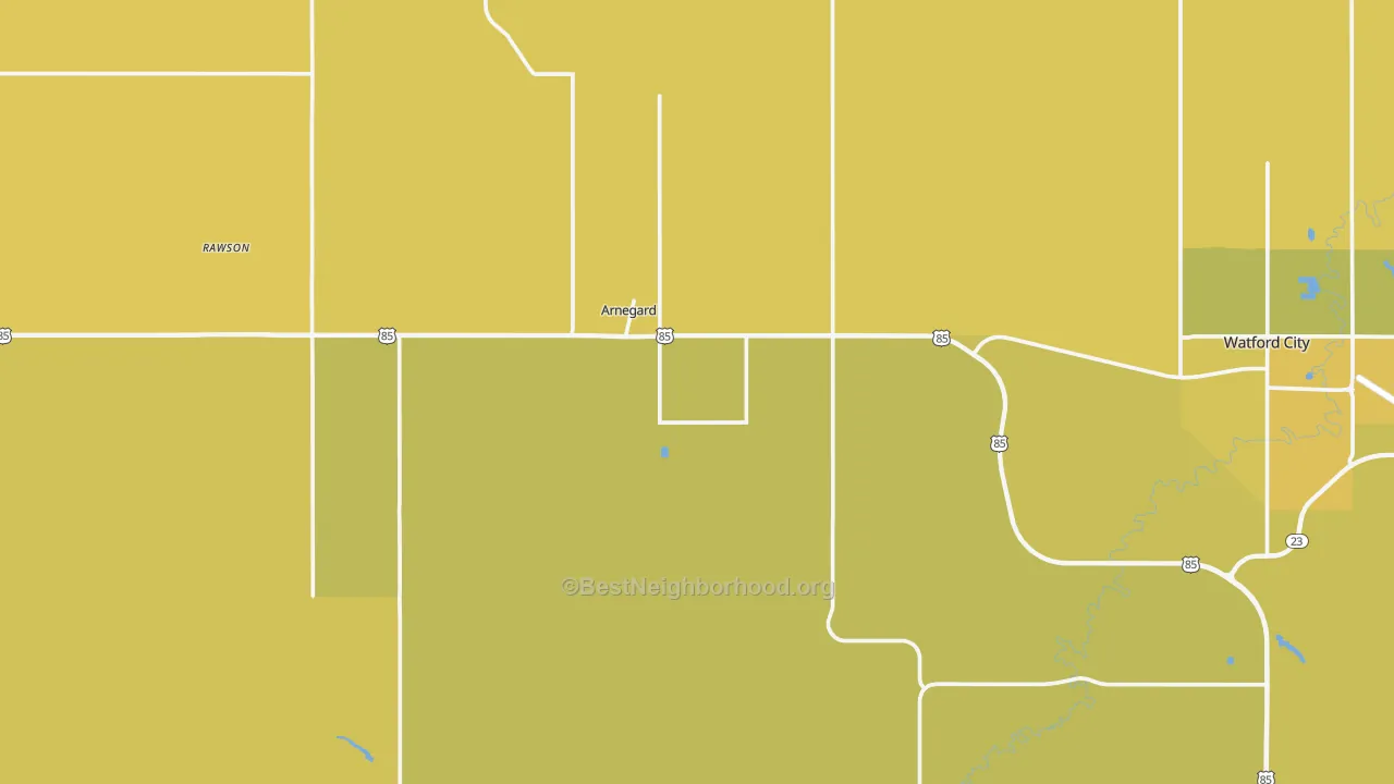 Map of the best neighborhoods in the Arnegard area, with better matches in green and worse matches in red