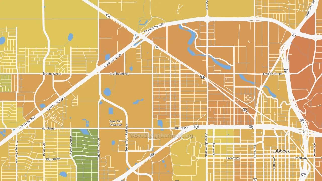 Map of the best neighborhoods in the Arnett Benson, Lubbock area, with better matches in green and worse matches in red