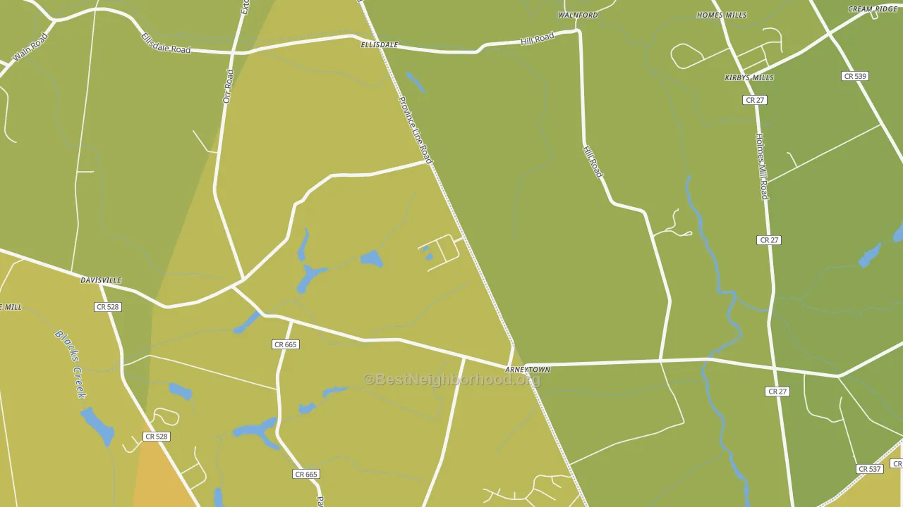 Map of the best neighborhoods in the Arneytown area, with better matches in green and worse matches in red