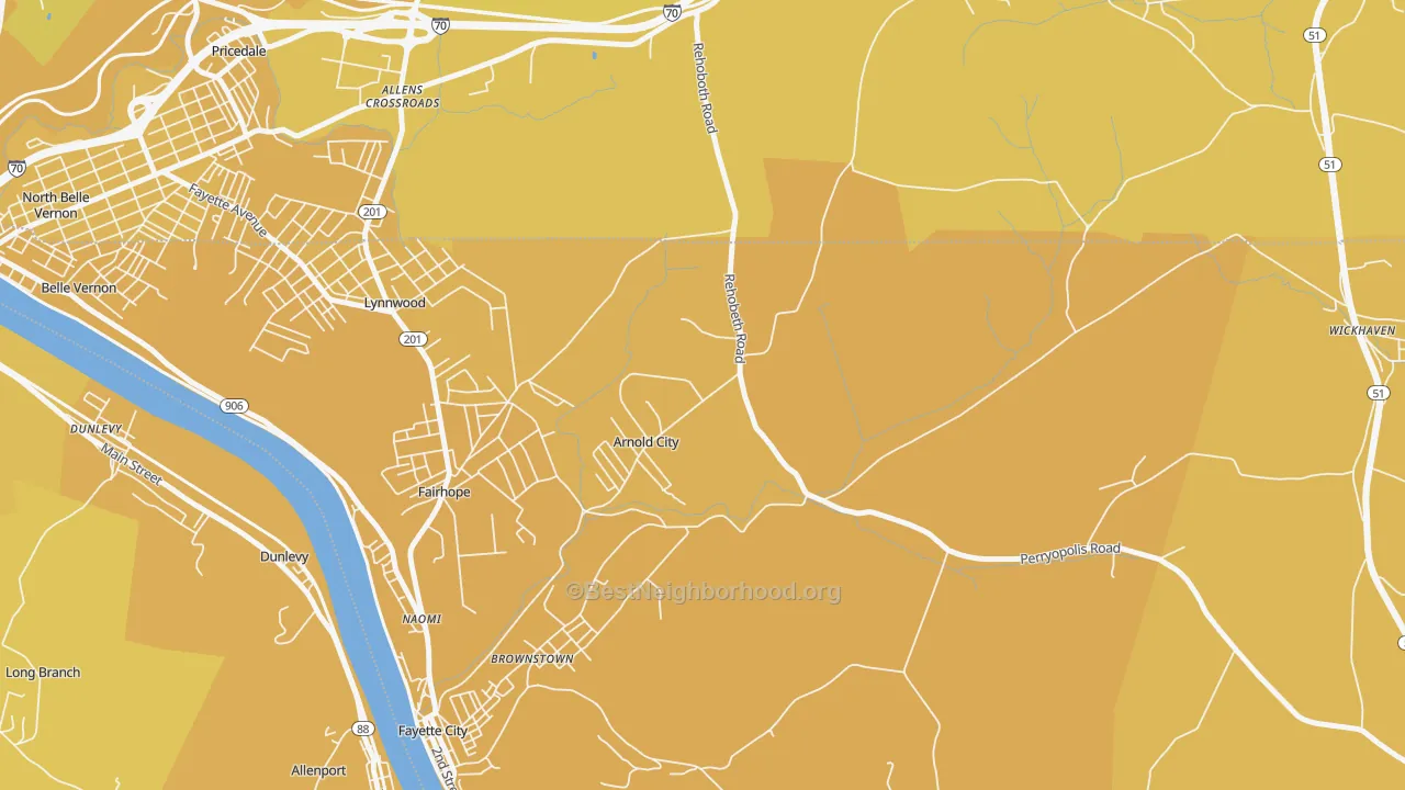 Map of the best neighborhoods in the Arnold City area, with better matches in green and worse matches in red