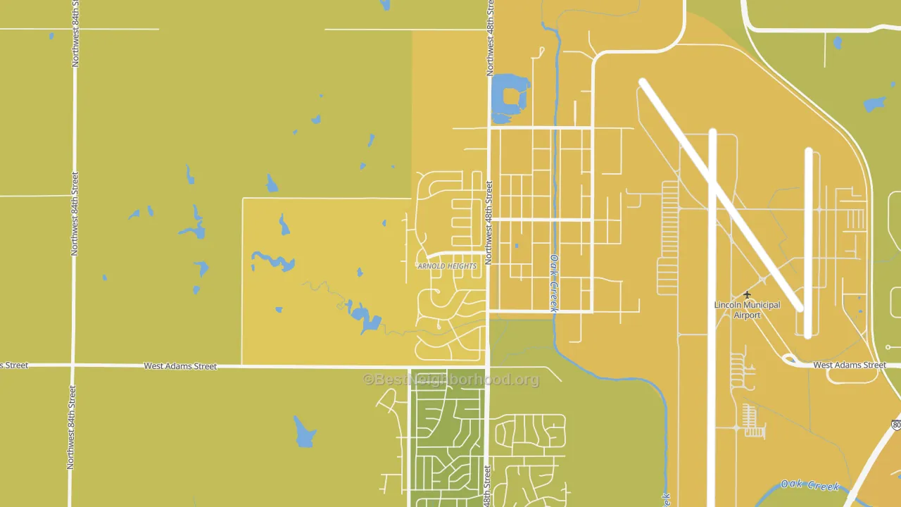 Map of the best neighborhoods in the Arnold Heights, Lincoln area, with better matches in green and worse matches in red