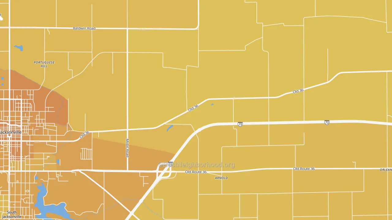 Map of the best neighborhoods in the Arnold area, with better matches in green and worse matches in red
