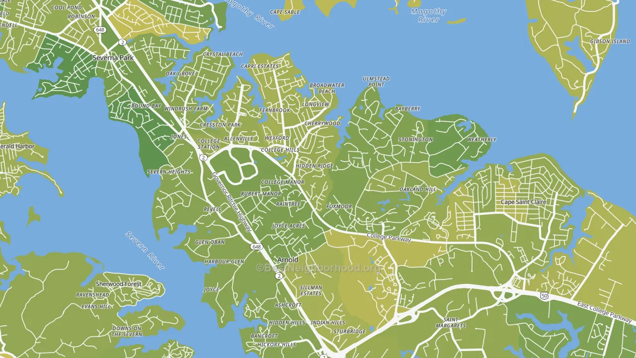 Map of the best neighborhoods in the Arnold area, with better matches in green and worse matches in red