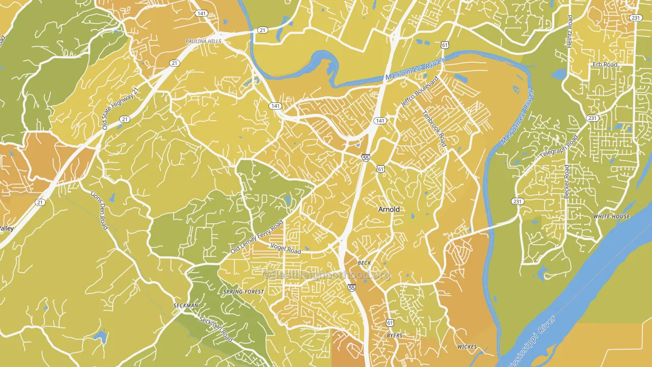 Map of the best neighborhoods in the Arnold area, with better matches in green and worse matches in red