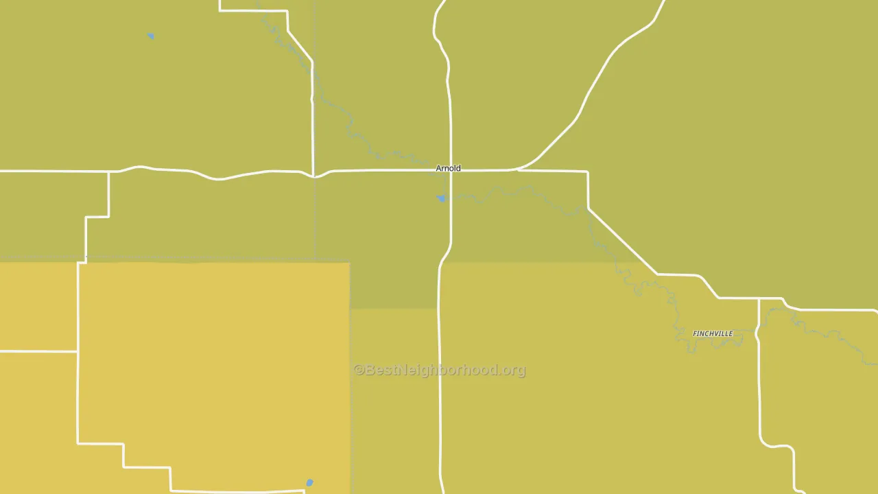 Map of the best neighborhoods in the Arnold area, with better matches in green and worse matches in red