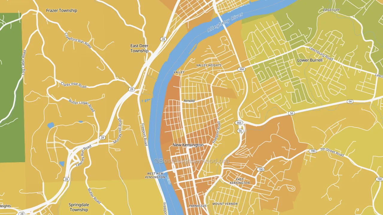 Map of the best neighborhoods in the Arnold area, with better matches in green and worse matches in red
