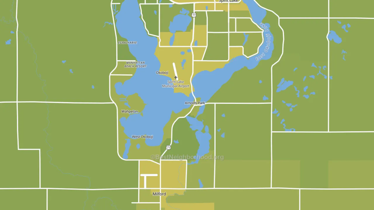 Map of the best neighborhoods in the Arnolds Park area, with better matches in green and worse matches in red