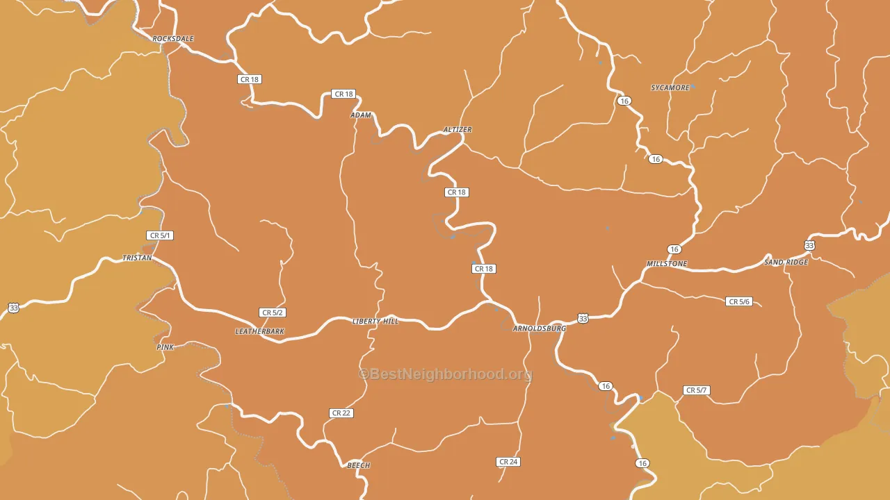 Map of the best neighborhoods in the Arnoldsburg area, with better matches in green and worse matches in red