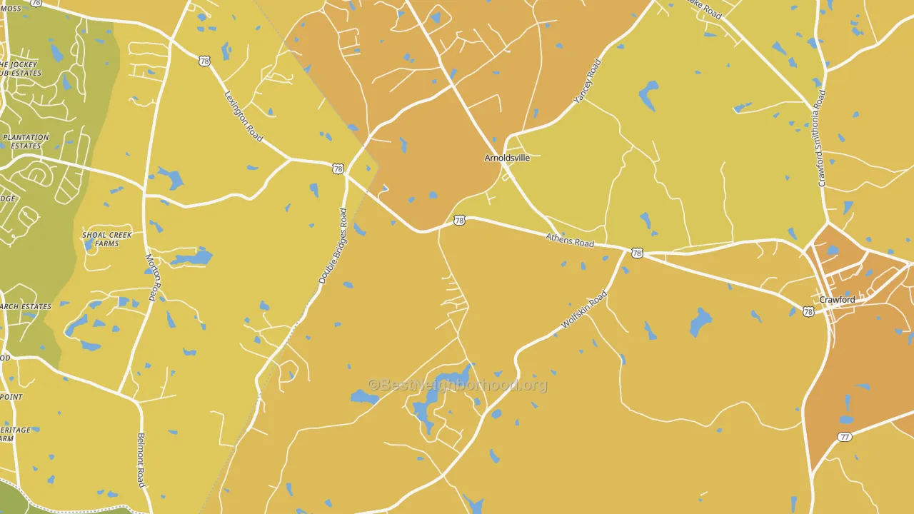 Map of the best neighborhoods in the Arnoldsville area, with better matches in green and worse matches in red