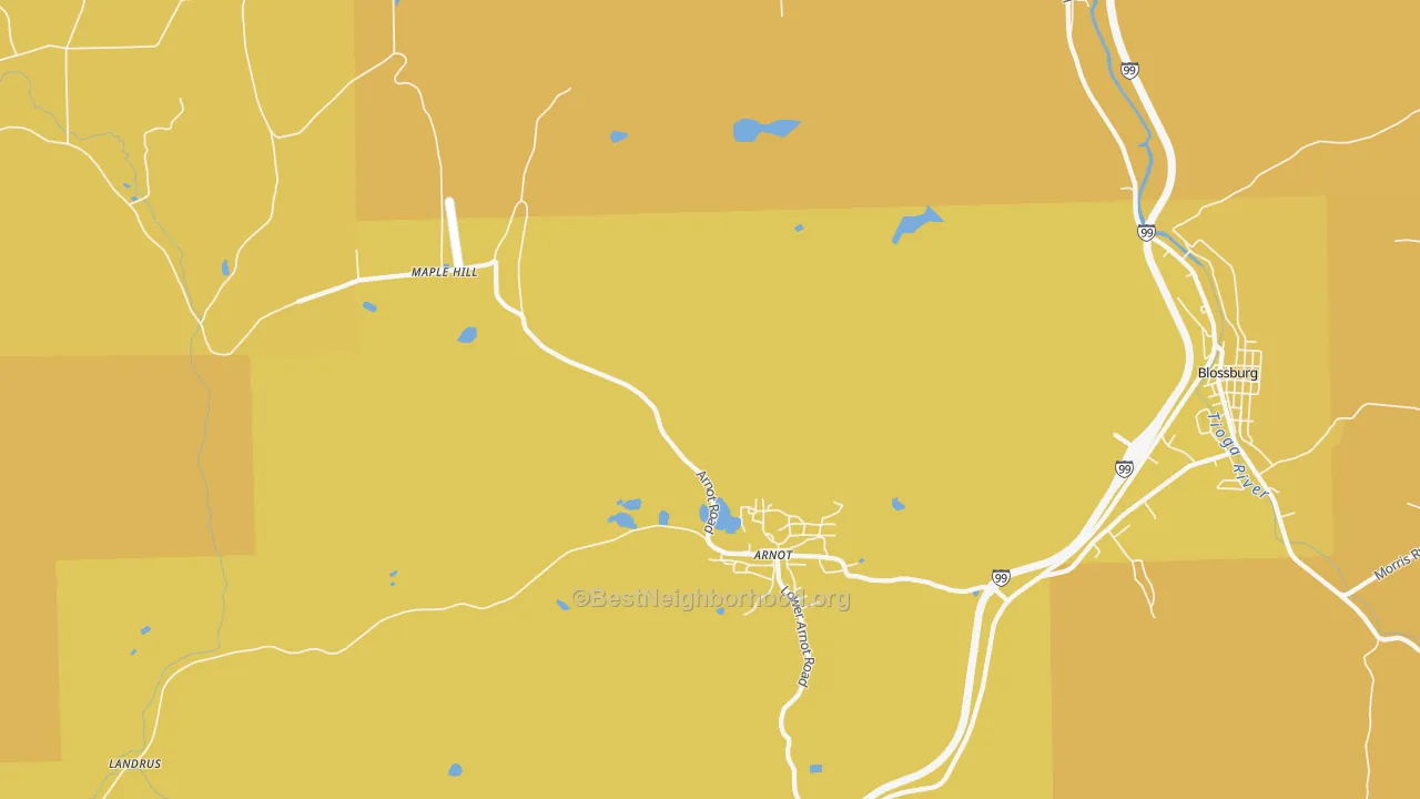 Map of the best neighborhoods in the Arnot area, with better matches in green and worse matches in red